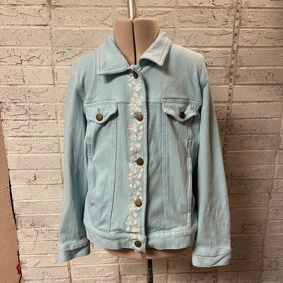 COLDWATER CREEK denim Blue Jean JACKET embroidered Stretch PM - Picture 1 of 13